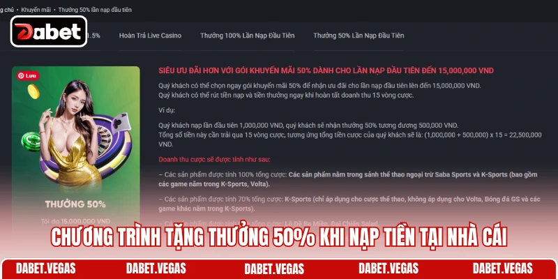 Khuyến Mãi DABET 3 Chương trình tặng thưởng 50% khi nạp tiền tại nhà cái